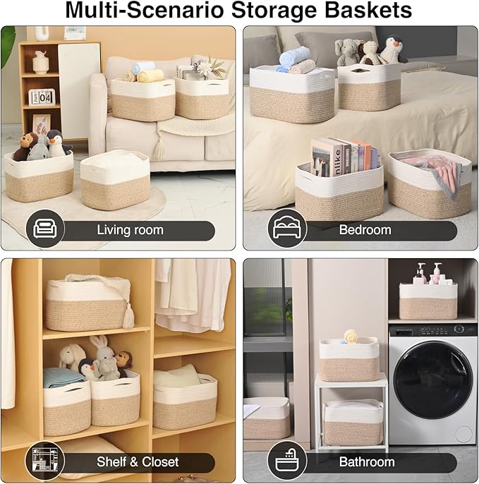 ICERZCZ Storage Baskets for Organizing & Shelves, Woven Cotton Rope Organization Bins for Dog Toys, Clothes, Books, Nursery Organizer, 15" Lx11''Wx9.5''H, (4 Packs) Off White & Brown