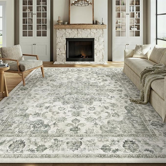 10x14 Neutral Area Rug Green Vintage Living Room Bedroom Washable Carpet Non-Slip Soft Low Pile Farmhouse Indoor Large Throw Rug for Dining Room Office