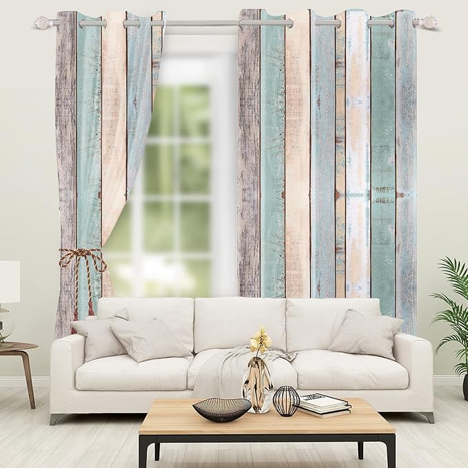 Rustic Wood Barn Door Curtains Kitchen Curtains Vintage Farm Style Colorful Wooden Planks Window Curtains Wood Boards Room Darkening Window Drapes for Living Room Bedroom,21x45 inch,2 Panels