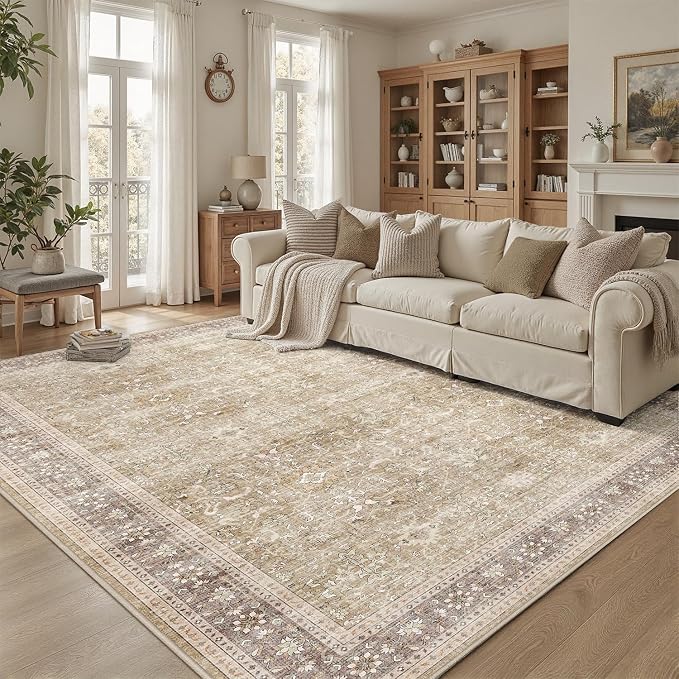 DCX Beige and Taupe 8x10 Rug, Kid & Pet Friendly with Rubber Back Non Slip, Machine Washable Stain Resistant Vintage Traditional Distressed Carpet, Rug for Living Room, Bedroom, Neutral Home Decor