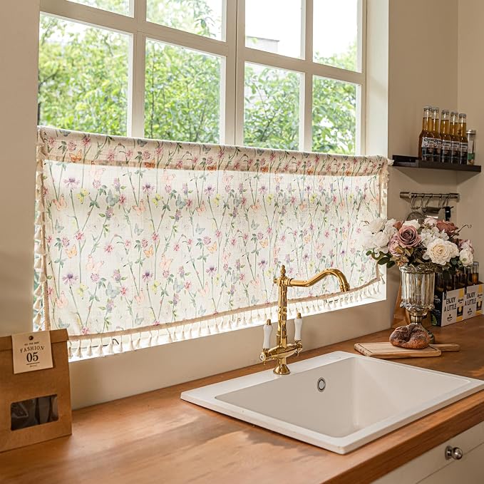 Deeprove Curtain Valance 18 inch for Kitchen Sink Living Room Bathroom Cafe Closet, Florals Butterfly Print, Light FilteringPrivacy Home Whimsical Decoration Winow Short Treatment Drape 52" W x 18" L