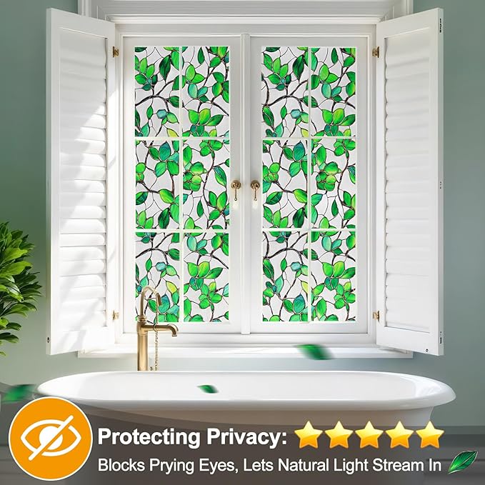 Countewol Greenery Leaf Static Cling Window Film Frosted Stained Glass Privacy Anti-Glare UV Protection for Home & Bathroom (Textured Greenery Leaf, 45.2 x 78.7 in)