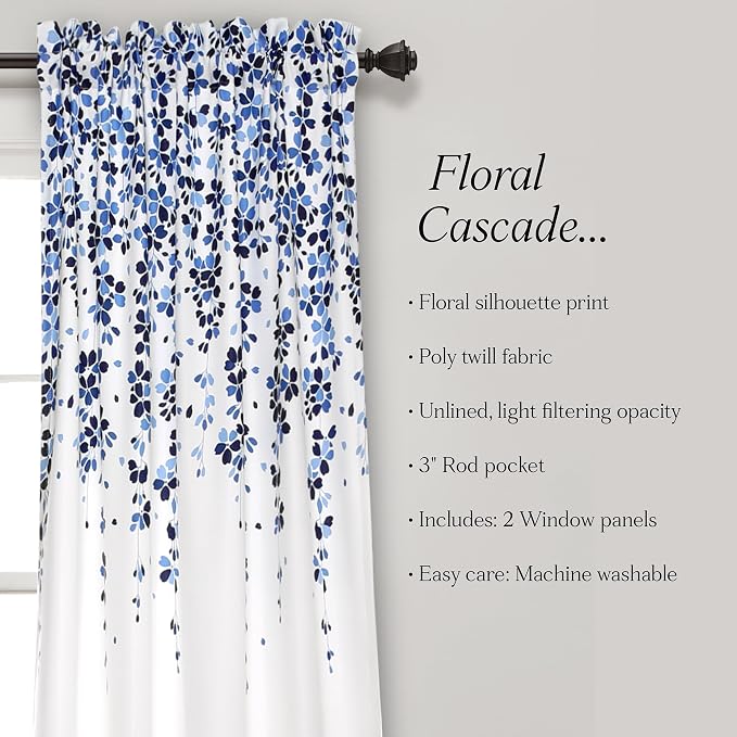 Lush Decor Weeping Flower Light Filtering Window Curtain Panels, Pair, 52"W x 63"L + 2" Header, Navy & Blue - Charming Modern Floral Curtains for Living Room, Dining Room, & Bedroom
