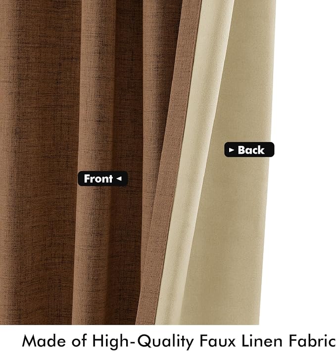 MIULEE 100% Blackout Linen Curtains for Bedroom, Brown Solid Luxury Decor Thermal Insulation Room Darkening Drapes for Living Room Back Tab Rod Pocket 42 x 96 Inches, 2 Panels