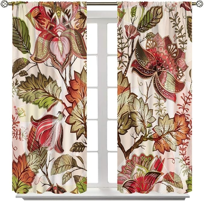 Bohemian-Themed Curtains, Indian Mandala-Inspired Green Plant Window Treatments, Blackout Curtains for Bedrooms, Living Rooms and Kitchens42X63 Inch