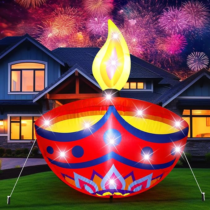 VIHOSE 4.27 ft Happy Diwali Inflatables Outdoor Decorations Diyas Oil Lamp Blow up Yard Decor Tea Light Style Indian Diwali with Built in LED Lights for Hindu Party Deepavali Home Garden Yard Lawn