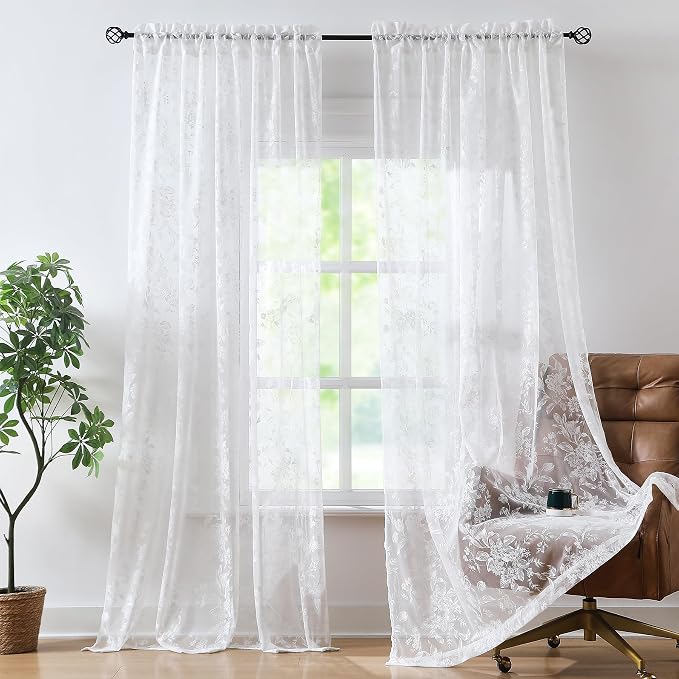 Treatmentex Floral White Lace Curtains 63 inch Length, French Rose Embroidered Sheer Curtains for Living Room Bedroom, Light Filtering Lace Window Drapes Rod Pocket 54" w 2Panels