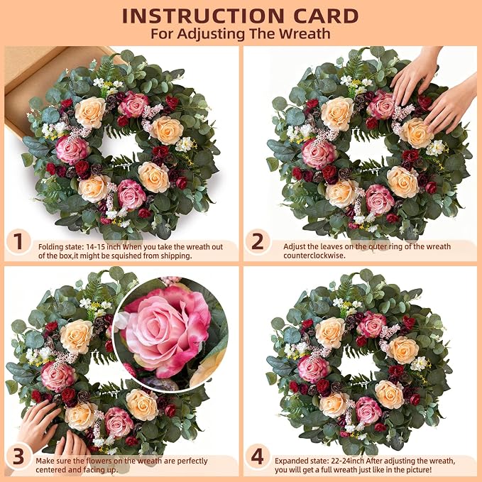 WANNA-CUL 24 Inch Pink Champagne Rose Spring Wreath for Front Door | Burgundy Rose and Eucalyptus Leaves, Ideal for Summer ,Fall ,Mother's Day, Valentine's Day, Indoor Outdoor Decor