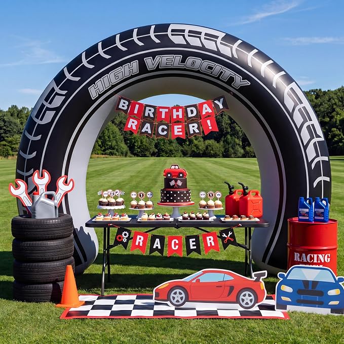 Jenaai 8ft Giant Car Tire Inflatable Arch Blow up Yard Decorations with Built-in LED Lights Car Tire Birthday Party Decor for Outdoor Garden Lawn Holiday Celebration