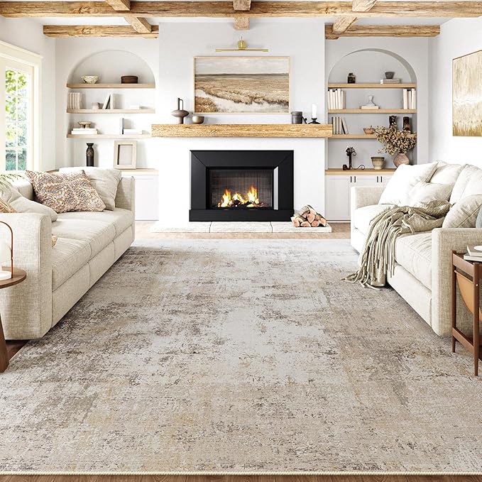 9x12 Washable Area Rug Beige Grey Abstract Non Slip Soft Low Pile Rug for Living Room Bedroom Dining Room Office Neutral Modern Indoor Large Throw Carpet for Home Decor