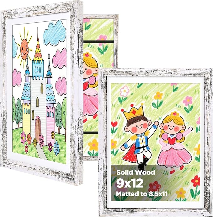KINLINK 9x12 Kids Art Frame 2 Pack, Solid Wood Artwork Frames Changeable, Front Opening Hold 150 Pictures, Art Frames for Kids Artwork, 8.5x11 with Mat 9x12 without Mat, Picture Frames Rustic White