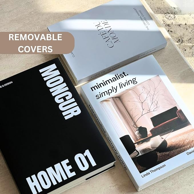 Decorative Coffee Table Books Set of 3 – Neutral Home Décor Beige Hardcovers with Removable Black & White Covers, Real Blank Pages, Modern Room Décor Aesthetic Faux Books for Shelf & Table Styling