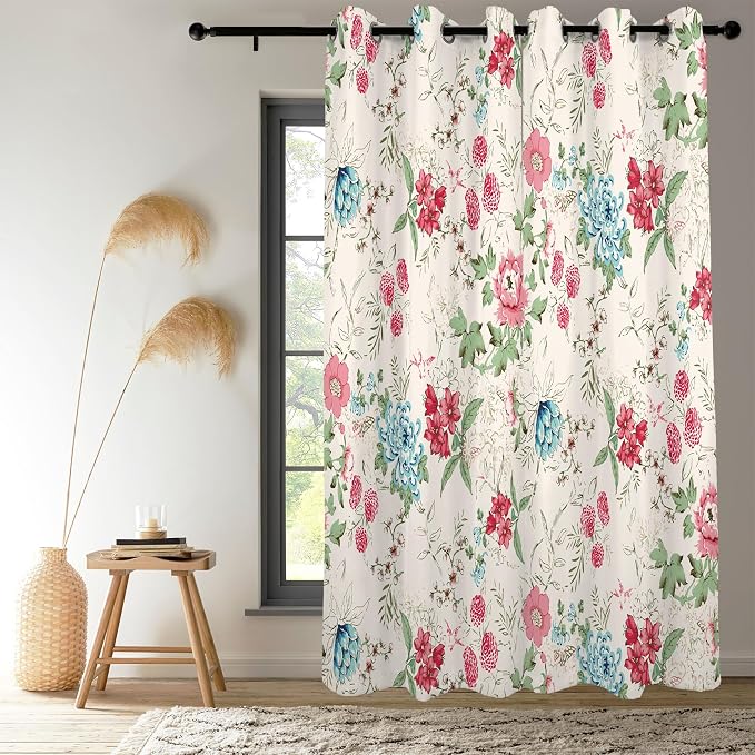 Renaiss Boho Flower Blackout Curtains Wild Blue Pink Floral Thermal Insulated Window Drapes for Bedroom 29W x 45L inches 2 Panel Set Beige Window Curtain Panels for Kitchen