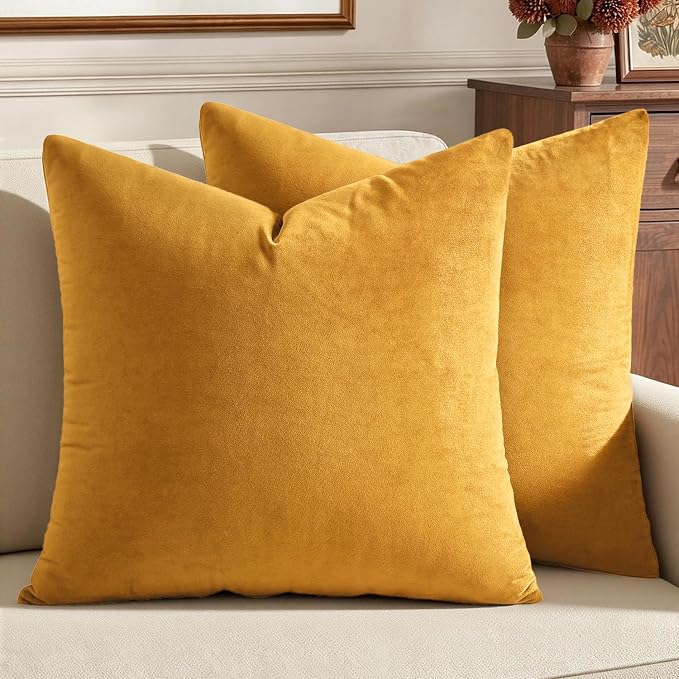 MIULEE Velvet Throw Pillow Covers 20x20 Inch, Pack of 2 - Gold, Soft Solid Decorative Pillow Covers Cushion Cases Modern Luxury Home Decor for Couch Sofa Bedroom Livingroom