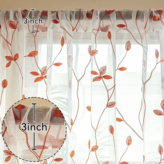 AmHoo 2 Panels Embroidered Leaf Pattern Semi Sheer Curtains Foliage Floral Voile Window Draperies Treatment for Bedroom Living Room Rod Pocket White Burnt Orange 53 x 63 Inch