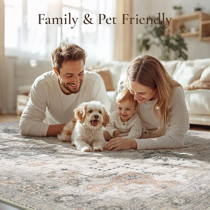 GENIMO Runner Rug 3x8, Non Slip Vintage Hallway Runner Rugs, Low Pile Lightweight Machine Washable Mat for Hallway, Entryway, Bedroom, Kitchen and Corridor, Light Taupe Brown