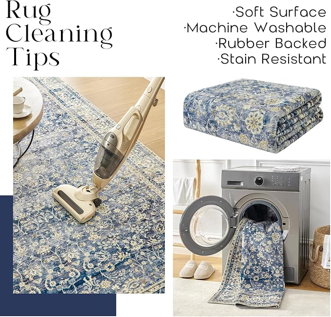 Blue Area Rug for Living Room 8x10 Washable Vintage Farmhouse Big Large Boho Distressed Carpet Rugs for Bedroom,Light Blue and Cream Polyester Rayon Cotton Blend
