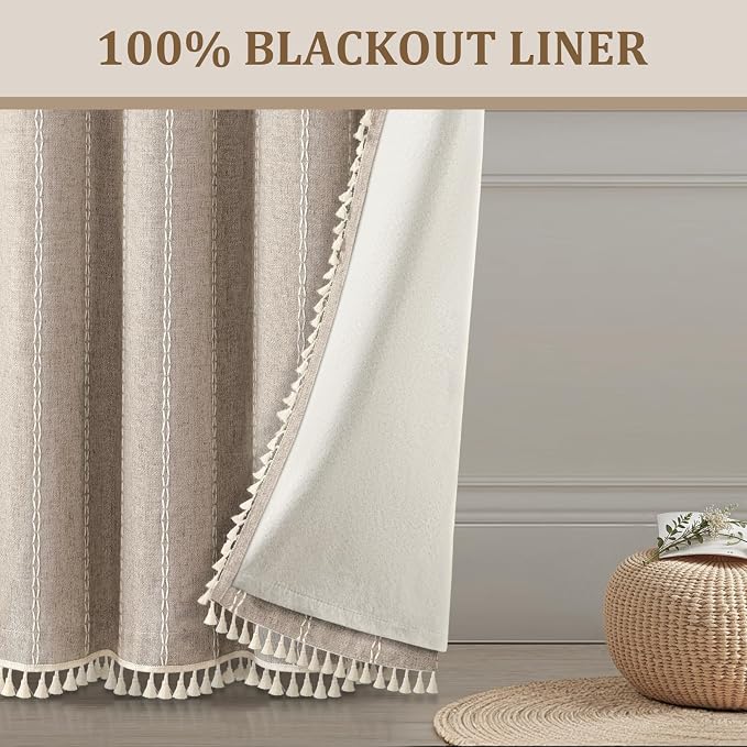 Khaki Brown Boho Blackout Curtains 96 Inches Long Linen Blend 2 Panels with Tassels and Cotton Embroidery, Farmhouse Vintage Rustic Rod Pocket Drapes for Living Room or Bedroom