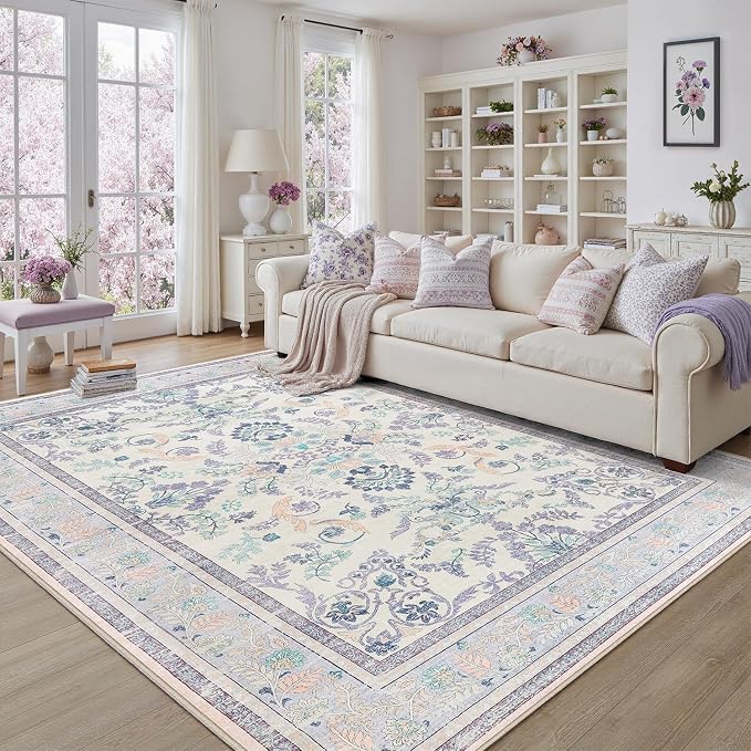 DCX Purple Floral 8x10 Area Rugs for Living Room, Machine Washable Large Soft Boho Non-Slip Botanical Rug for Bedroom Dinning Room Kitchen Flowers Playroom Nursery Carpets