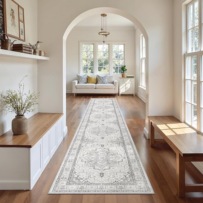 Madane Washable Runner Rugs 2x12 Long for Hallway Kitchen Soft, Grey | Non-Slip Vintage Printed 12ft Rug Runners with Rubber Backing, Thin Low-Pile Floor Carpet Laundry Room Entryway, Corridor