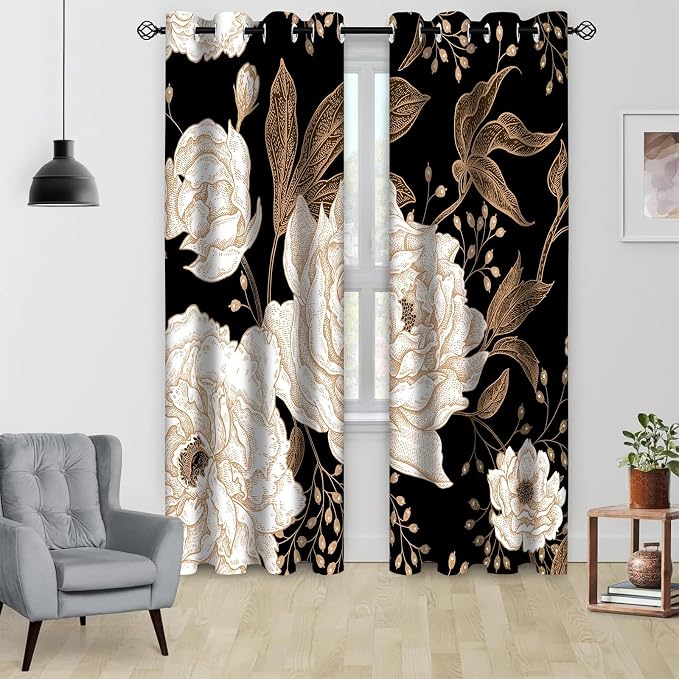 Boho Floral Blackout Curtain, Black Gold Flowers Aesthetic Art Curtains Darkening Thermal Insulated Grommet Window Drapes for Living Room Bedroom Decor 2 Panels 52x96 Inches