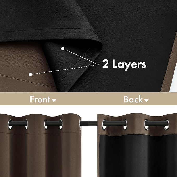 MIULEE 100% Blackout Curtains for Bedroom 72 Inch Long, 2 Thick Layers Thermal Insulated Black Out Window Curtains with Black Liner, Noise Reducing Grommet Living Room Drapes 2 Panels Chocolate Brown