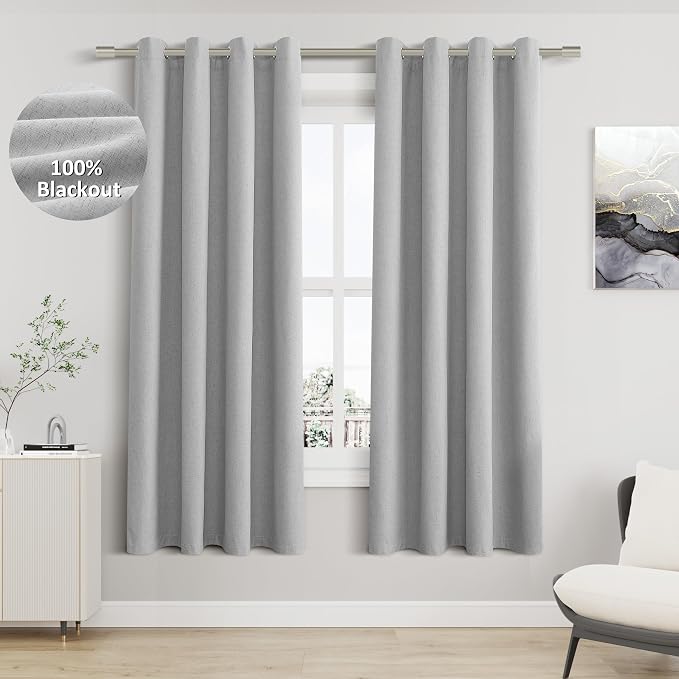 Jowels Grey Linen Blackout Curtains 63 Length 2 Panels Set for Living Room Bedroom, 100% Black Out Thermal Insulated Linen Drapes, Room Darkening Grommet Curtains 63 inches Long