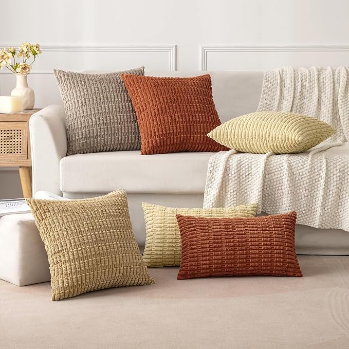 MIULEE Fall Pack of 2 Dark Rust Corduroy Decorative Lumbar Pillow Covers 20x12 Inch Soft Boho Striped Throw Pillow Covers Modern Farmhouse Home Decor for Sofa Living Room Couch Bed
