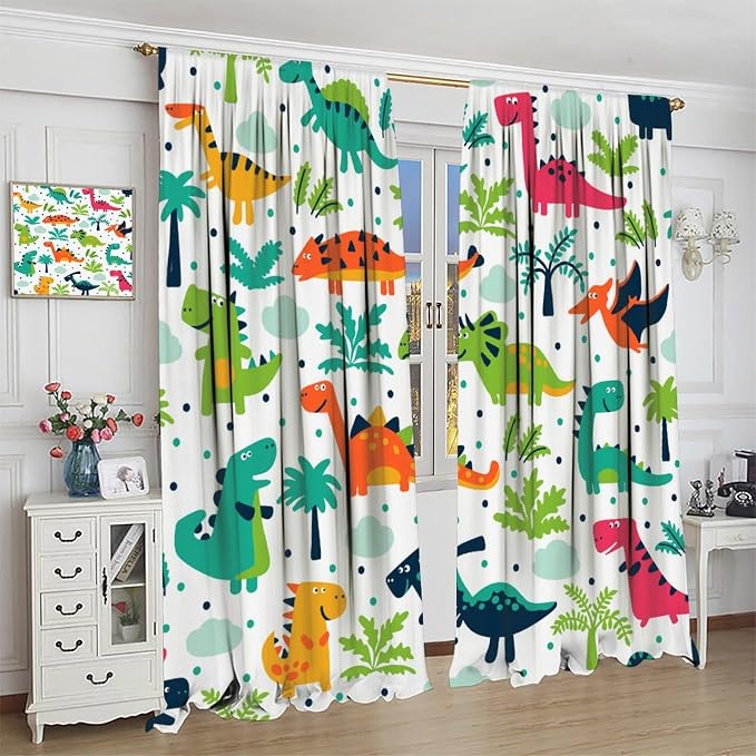 YCness Tropical Dinosaur Curtains for Boys Girls Children Nursery Playroom Room Decor Cute Colorful Cartoon Dino Art Printed Window Drapes Decor Fabric Set 2 Panel 42x63 Inch 80% Shading Rate