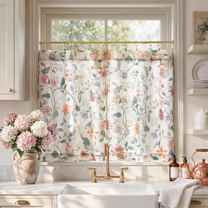 jinchan Hattie Floral Linen Kitchen Curtains 30 Inch Length Vintage Cottage Core Farmhouse Cafe Curtains Light Filtering Small Window Drapes for Living Room Bathroom Rod Pocket 2 Panels Beige
