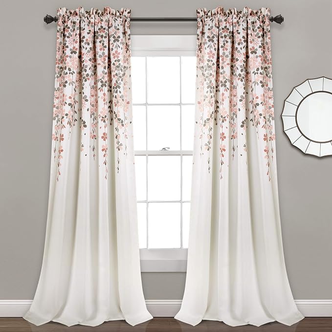 Lush Decor Weeping Flower Light Filtering Window Curtain Panels, Pair, 52"W x 95"L + 2" Header, Blush & Gray - Charming Modern Floral Curtains for Living Room, Dining Room, & Bedroom