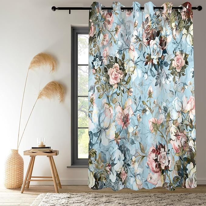 Renaiss Blue Rose Floral Blackout Curtains, Light Blue Watercolor Flowers Blossom Bedroom Window Curtains, Vintage Grommet Window Drapes for Living Room 53W x 63L 2 Panels Set