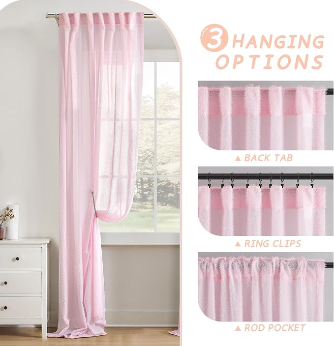 Pink Curtains 90 inch Long 2 panels for Girls Bedroom Modern Farmhouse Soft Furry Curtains Back Tab Shabby Chic Boho Cute Curtain Semi Sheer Nursery Baby Room Aesthetic Elegant Drape 52x90 Length