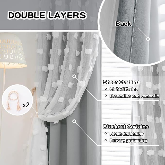 MYSKY HOME Grey Curtains for Bedroom - 54 Inch Long, Double Layer, White Pom Pom, Sheer, Grommet, Darkening, Small Window, 2 Panels, 52 x 54 in