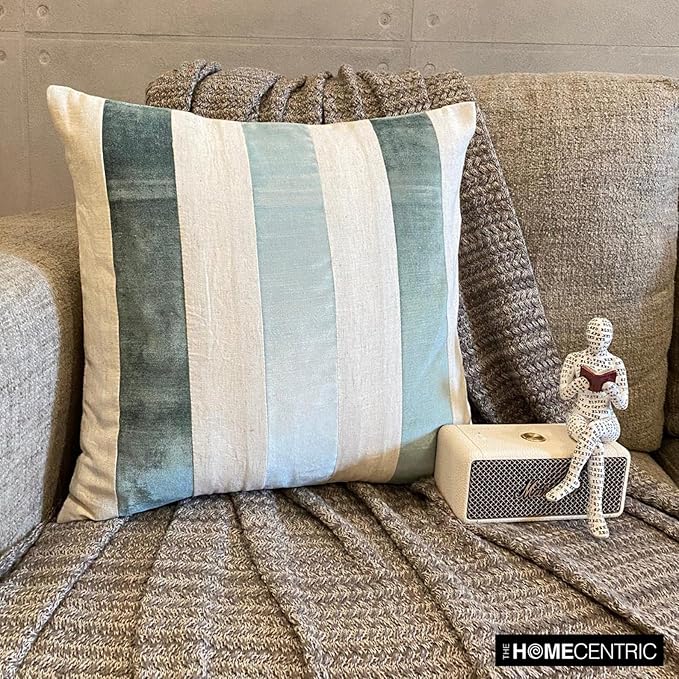 The HomeCentric Decorative Throw Pillow Cover Blue Pack of 2, 18"x18" (45x45 cm) Velvet Striped and Linen Cushion Covers for Couches and Sofas, Patchwork Modern Cushion Cover Style - Velvet Band Ice