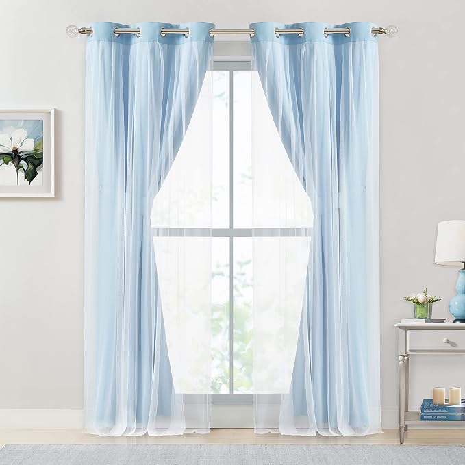 Bujasso Sky Blue 80% Blackout Curtains with Sheer Overlay Mix and Match Double Layer Thermal Insulated Window Panels 84 inch for Living Room Bedroom Blue Drapes with Tiebacks Grommet Top 37" Wx84 Lx2