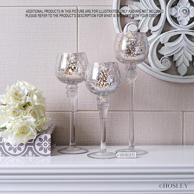Hosley 3 Sets Crackle Metallic Glass Tealight Holders Set /3-12 Inch, 10 Inch, 9 Inch Ideal for Weddings Special Events Parties Also Makes a Great Gift
