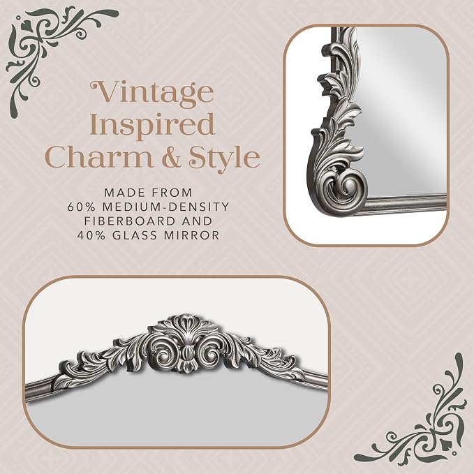 Wylde Iris English Estate Carved Arch Wood Wall Mirror, Mirror for Entryway, Living Room, Bathroom, Antique Silver, 26x37