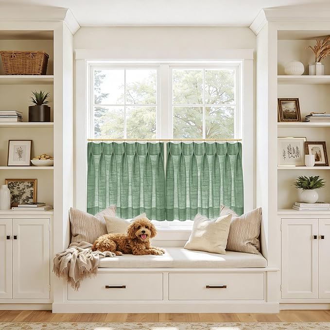 TWOPAGES 26" W x 18" L Linen Blend Cafe Curtains for Kitchen Window, Light Filtering Pinch Pleated Tier Curtains, Modern Farmhouse Half Window Curtains for Small Window, Peacock, 2 Panels