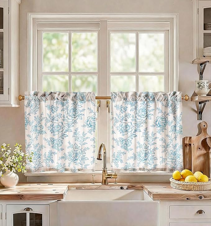 Miss Adola Farmhouse Kitchen Tier Curtains - 24 Inch Length Linen Blend Cafe Curtains Blue Floral Small Window Treatments Over Sink Rod Pocket for Bathroom Living Room Light Filtering, 2 Panels