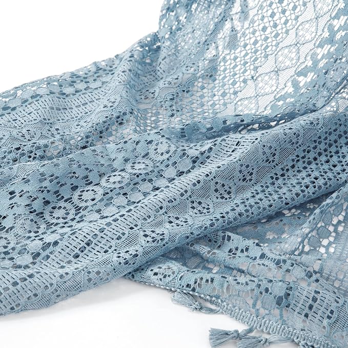 WAZZIO Boho Lace Curtains 63 Inches 2 Panel,Light Filtering Privacy Tassel & Geometry Crochet Semi Sheer Curtain Drapes for Bedroom Living Dining Room,Rod Pocket & Tassel,Light Slate Blue