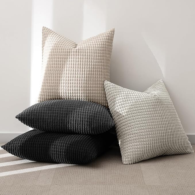 MIULEE Neutral Cream/Grey Decorative Pillow Covers 18x18 Inch Set of 4 | Boho Western Farmhouse Throw Pillows Corduroy Couch Pillowcases Industrial Home Decor for Sofa Living Room Bed