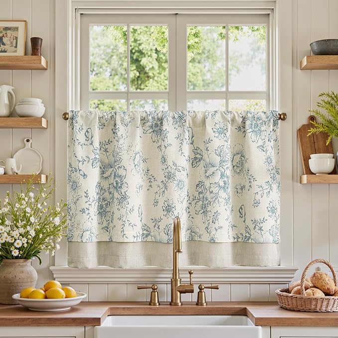 jinchan Linen Kitchen Curtain 24 Inch French Floral Double Layer Curtain Farmhouse Tier Drape Rustic Half Window Treatment for Living Room Light Filtering Rod Pocket 1 Panel Blue on Beige