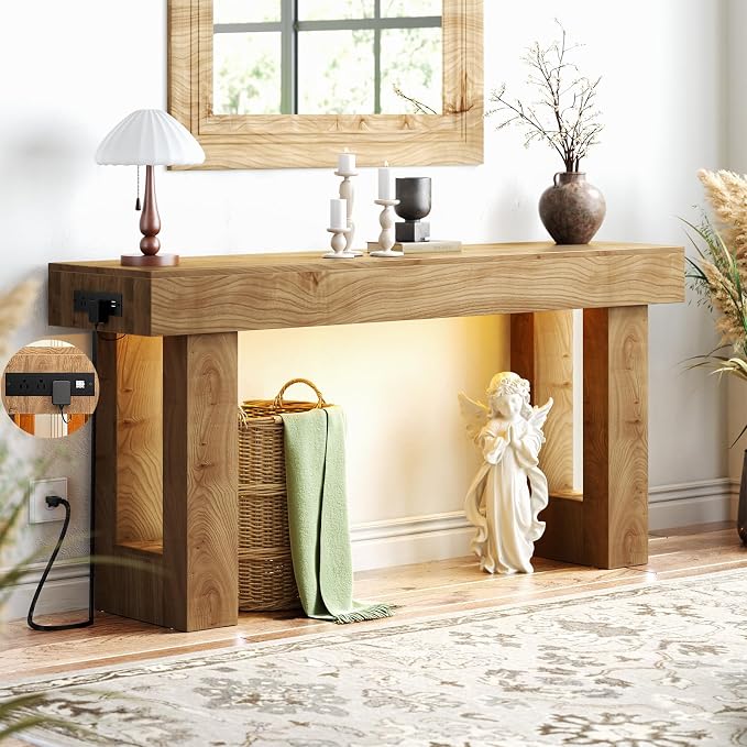 Unikito 63'' Farmhouse Console Table with Power Outlets and Sensor Light, Wooden Entryway Table with Storage, Rectangular Sofa Tables Behind The Couch for Entrance, Hallway, Living Room, Natural Oak