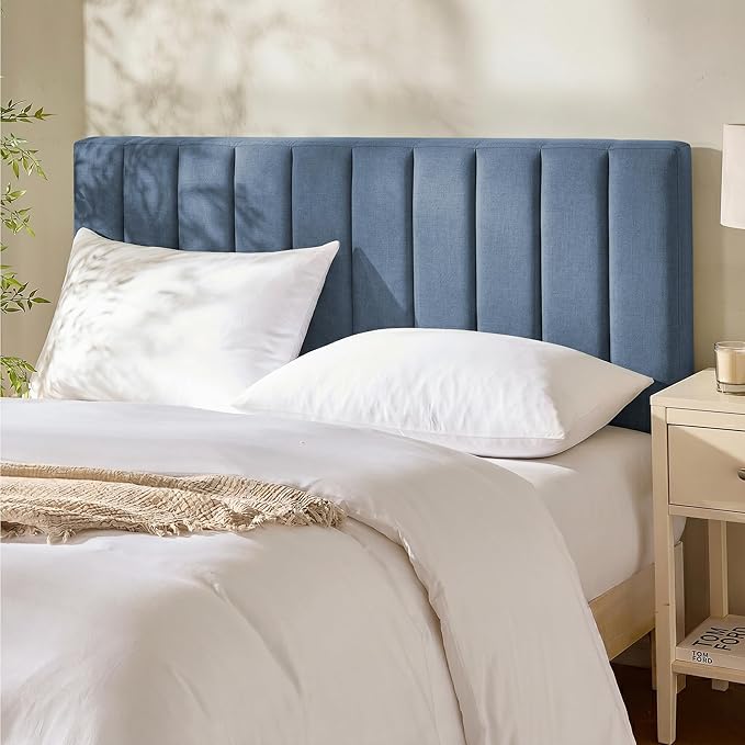Hearth & Harbor Upholstered Queen Headboard - Easy Assemble Channel Stitched Headboard Queen Size - Wall Mounted Headboards with 3D Soundproof Wall Panels Peel & Stick Floating Headboards, Slate Blue