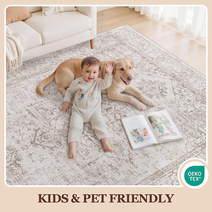 9x12 Area Rugs for Living Room:Beige Washable Vintage Medallion Carpet Non-Slip Soft Low Pile Large Rugs Indoor Retro Rug for Bedroom Nursery Dining Table Office Home(Beige Brown, 9'x12')