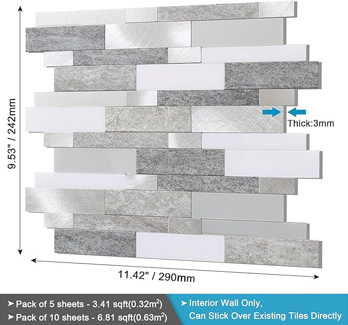BeNice Backsplash Peel and Stick Wall Tiles for Kitchen,Subway Self Adhesive Linear Mosaic Stickers Bathroom Waterproof(10 Sheets, Rustic Gray)