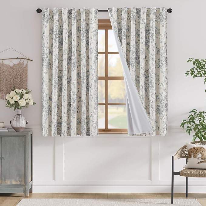 jinchan Blackout Floral Curtains for Living Room Bedroom Linen Blend Curtain Farmhouse Grey Printed with Lined Back Tab Rod Pocket Drapes Window Treatments 2 Panels 63 Inch Gray
