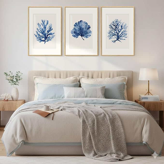 Framed Coastal Coral Watercolor Wall Art for Living Room, Large 3 Piece Navy Blue Coral Artwork for Walls, Minimalist Ocean Beach Marine Plants Pictures Prints for Bedroom Hallway Wall Decor, 20x30 In