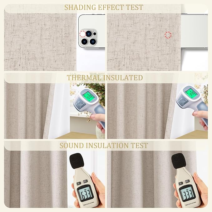 Jowels Oatmeal Linen Blackout Curtains 90 Length 2 Panels Set for Living Room Bedroom, 100% Black Out Thermal Insulated Linen Drapes, Room Darkening Grommet Curtains 90 Inches Long